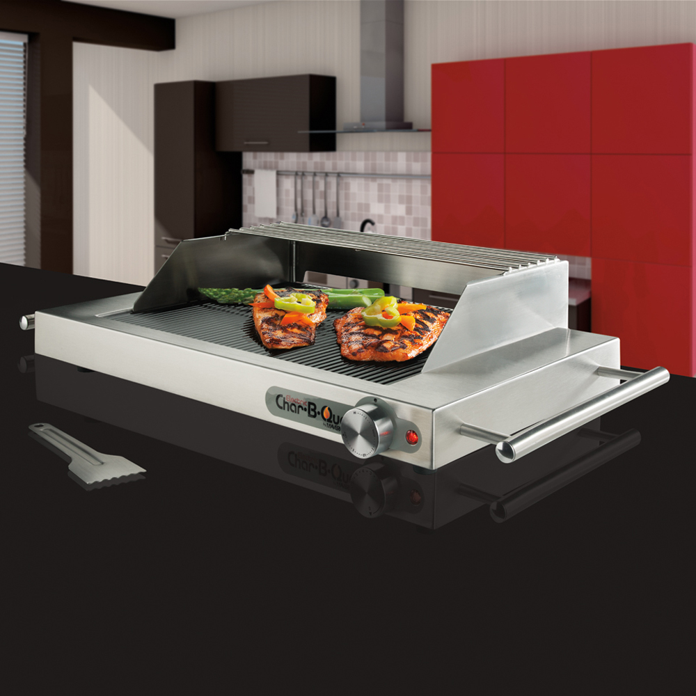 E-50s Ribbed Glass Electric Grill with Windscreen / Splatter Shield &amp; Warmer Rack